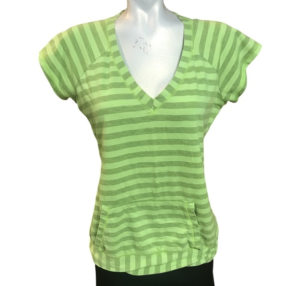 Striped V Neck‎ Pocket Tee Top Green Casual Short Sleeve Summer - Picture 1 of 6
